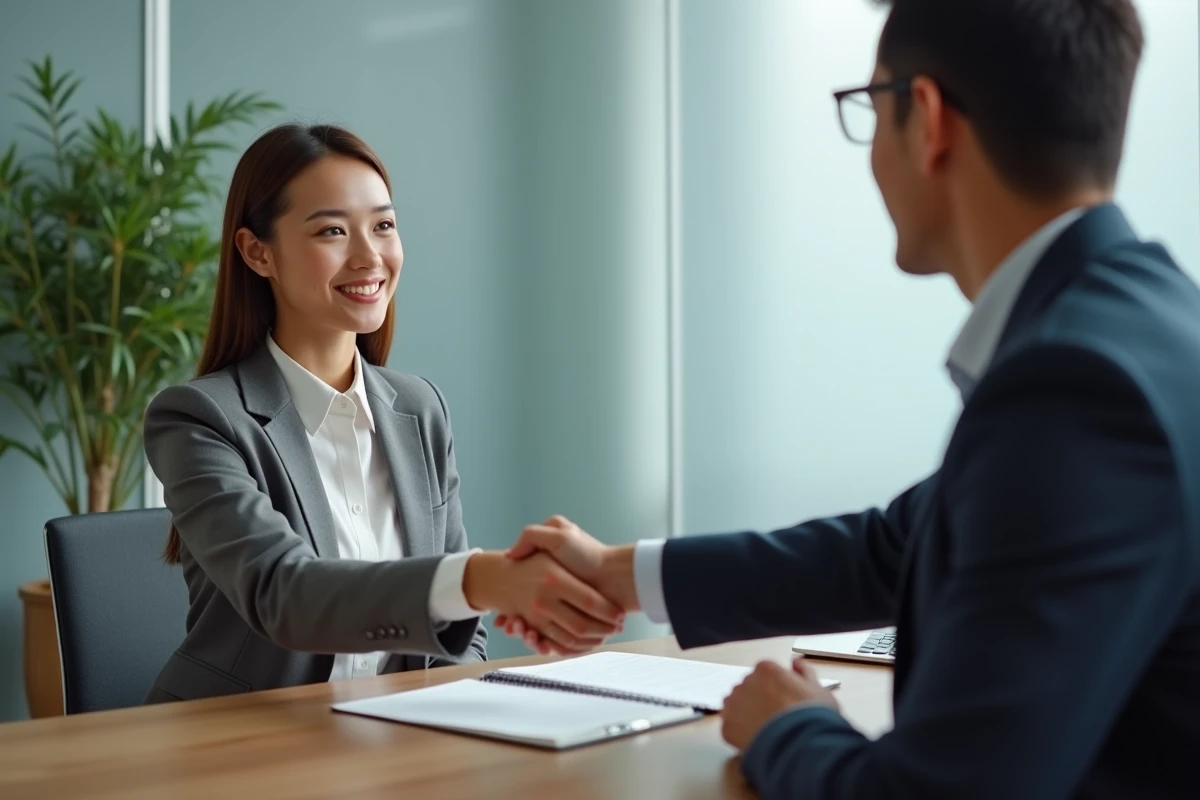 Femme en blazer gris serrant la main d