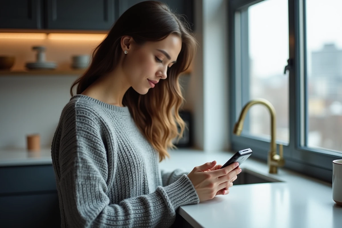 Jeune femme d&eacute;verrouillant son smartphone avec confiance