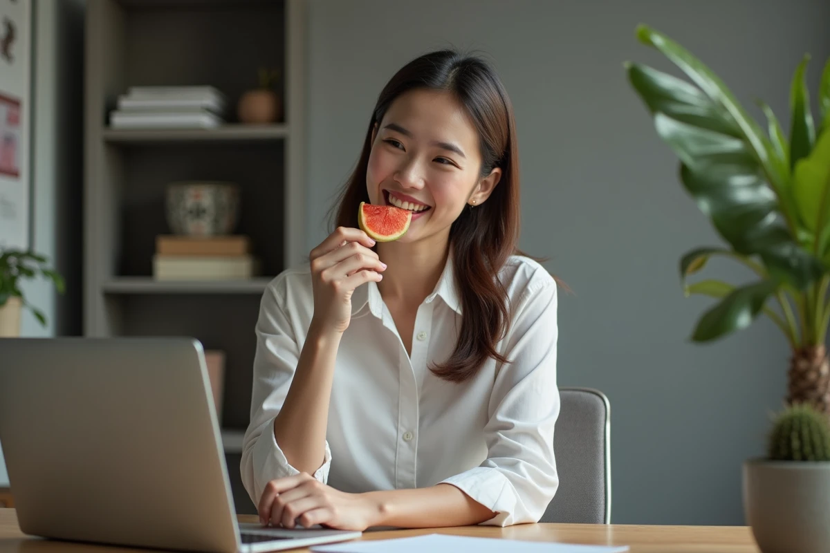 Jeune femme dégustant un fruit à son bureau