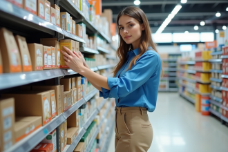 Jeune femme en blouse bleue place un produit en rayon