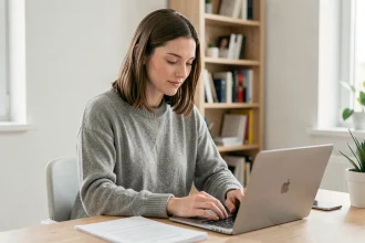 Femme travaillant en télétravail depuis son bureau à domicile minimaliste en 2026