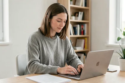 Femme travaillant en télétravail depuis son bureau à domicile minimaliste en 2026