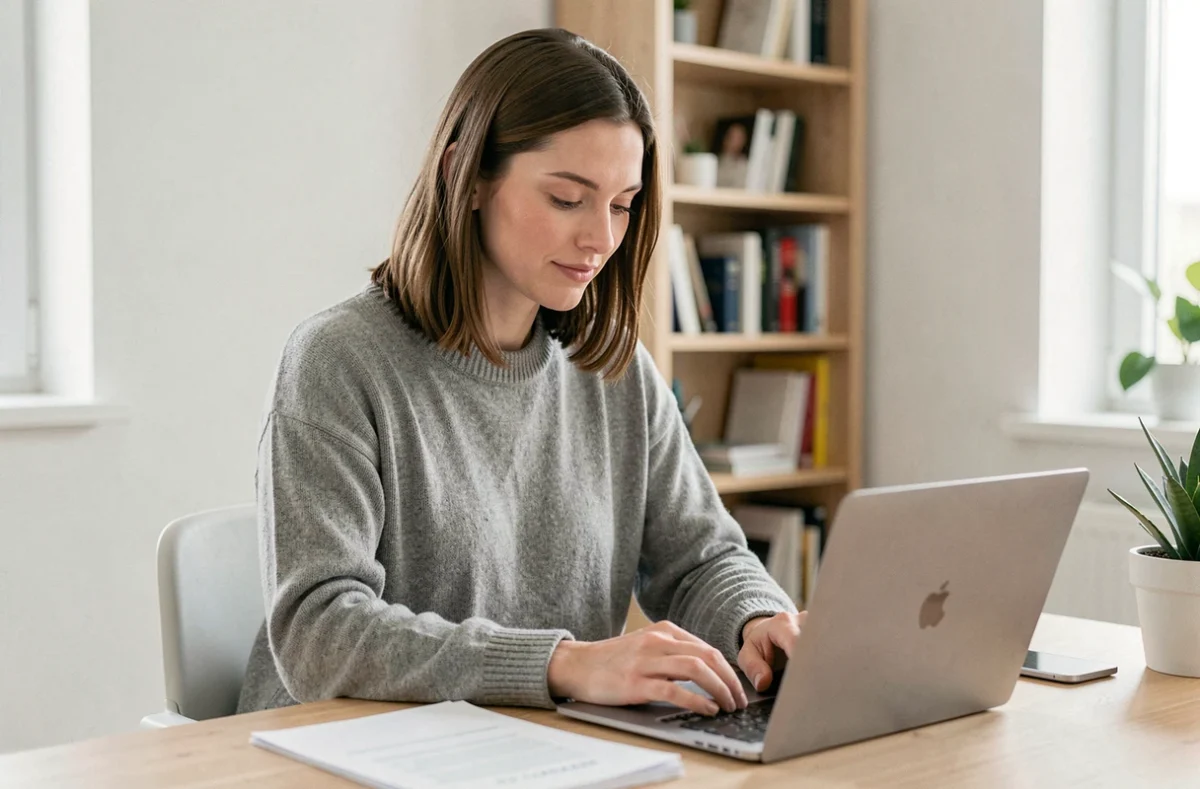 Femme travaillant en télétravail depuis son bureau à domicile minimaliste en 2026