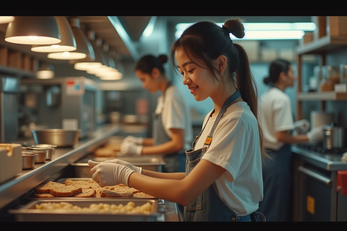 Jeune femme trie des produits dans une cuisine de café