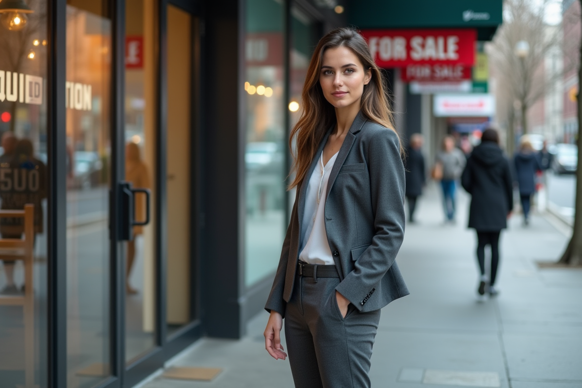 Jeune femme debout devant un bâtiment en vente