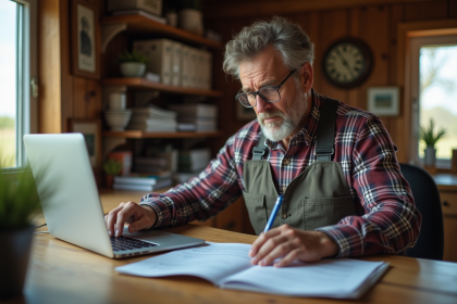 Fermier d'âge moyen au bureau avec ordinateur et documents