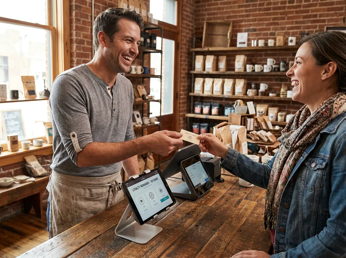Commerçant remettant une carte fidélité à une cliente dans une boutique indépendante équipée d'outils digitaux