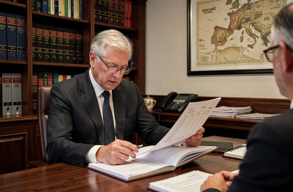 Expert-comptable senior de Fiduciaire Ain Conseil consultant un rapport financier dans un bureau boisé classique