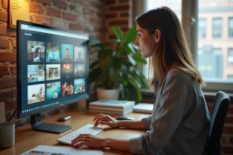 Freelance designer femme parcourant une bibliothèque de ressources numériques sur Elements.envato depuis son bureau à domicile
