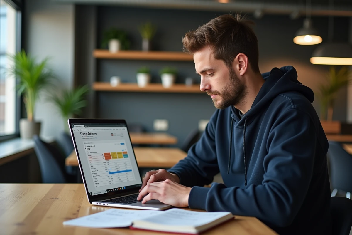 Freelance masculin analysant la rentabilité de son abonnement Envato Elements dans un espace de coworking moderne