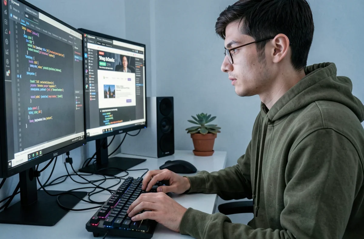 Développeur full-stack de l'agence Fullstack codant une application web sur plusieurs écrans dans un espace de travail moderne
