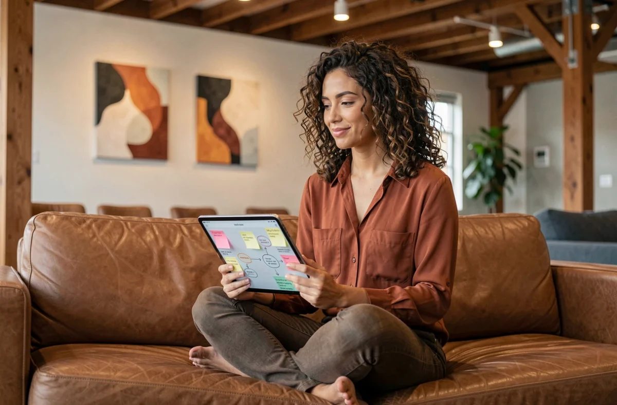 Designer UX de l'agence Galadrim travaillant sur des parcours utilisateurs avec une tablette dans un espace lounge créatif