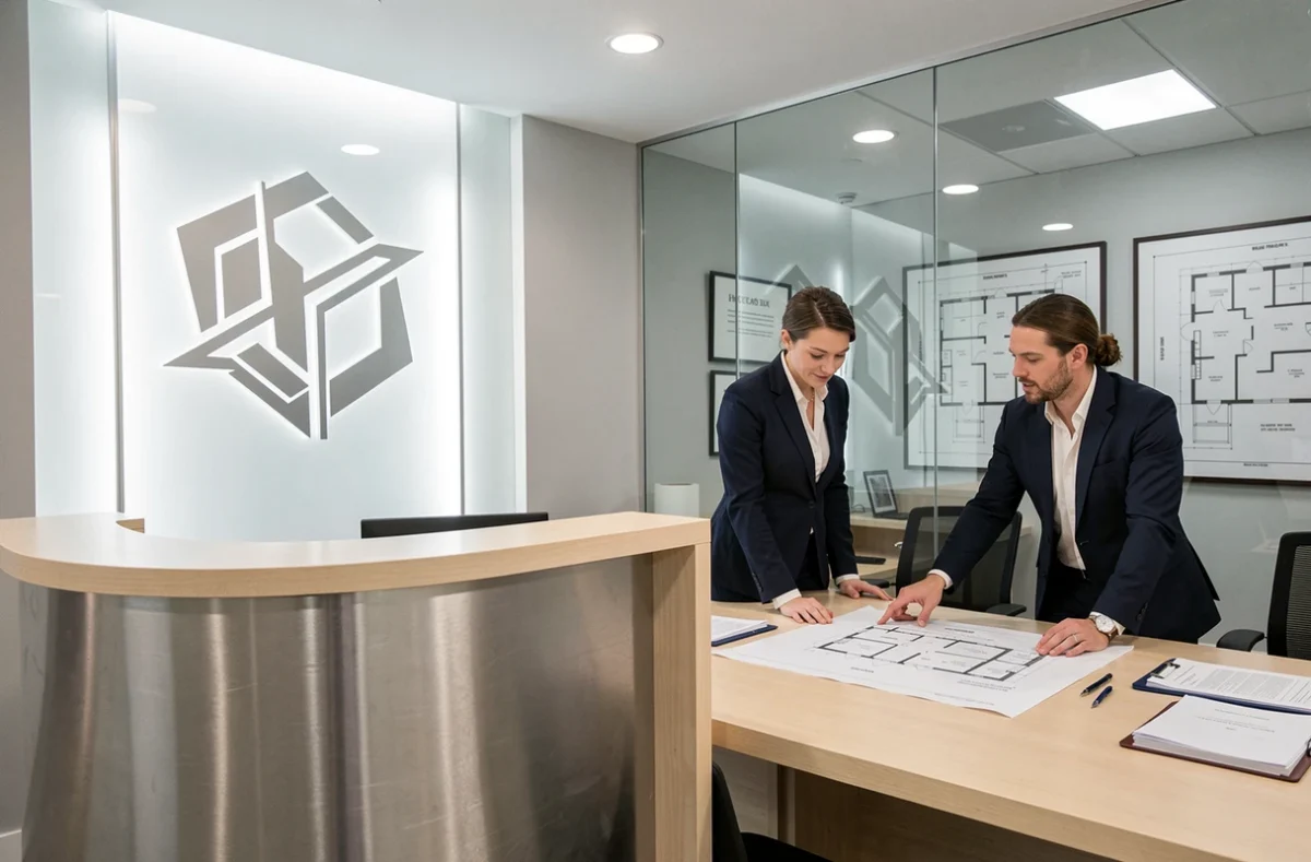 Réception du cabinet Géo Avocats à Lille, spécialisé en droit des affaires et droit immobilier, avec des avocats en réunion visible en arrière-plan