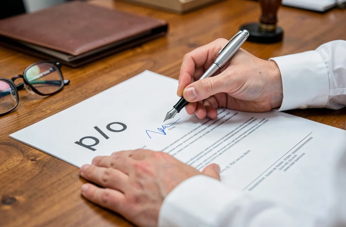 Gros plan sur une signature par ordre apposée sur un contrat professionnel avec mention p/o manuscrite