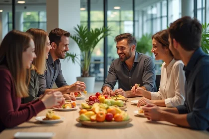 Groupe de coll&egrave;gues partageant un plateau de fruits frais