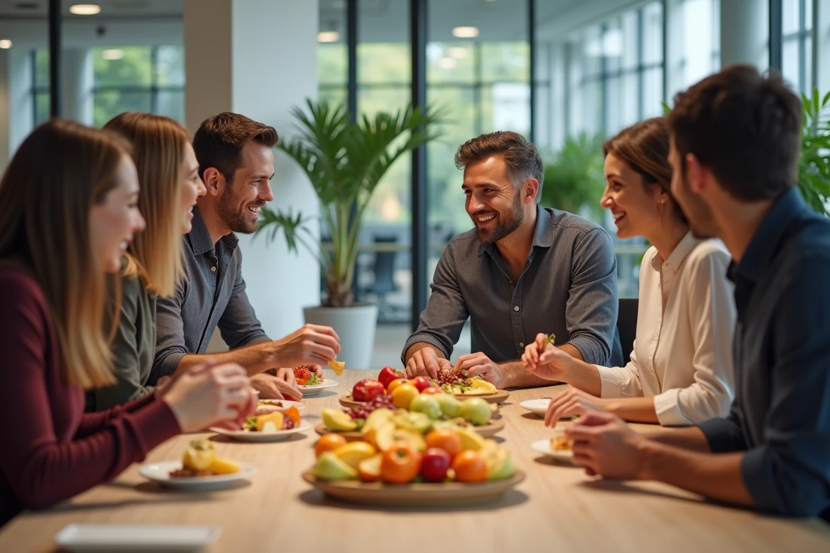 Groupe de collègues partageant un plateau de fruits frais