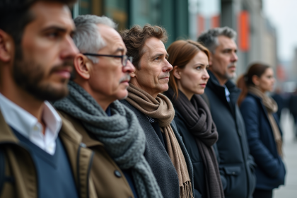 Groupe divers d'adultes devant un bâtiment de bureau