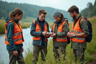Jeunes adultes en extérieur analysant un échantillon près d'une rivière