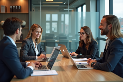 Groupe de professionnels en réunion dans un bureau moderne