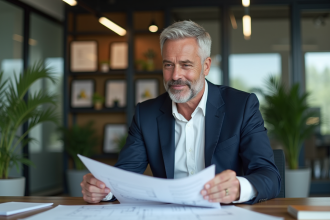 Homme d'affaires en costume bleu examinant des plans