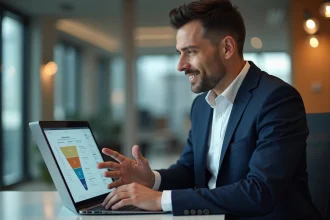 Homme d'affaires en costume analysant un diagramme de funnel