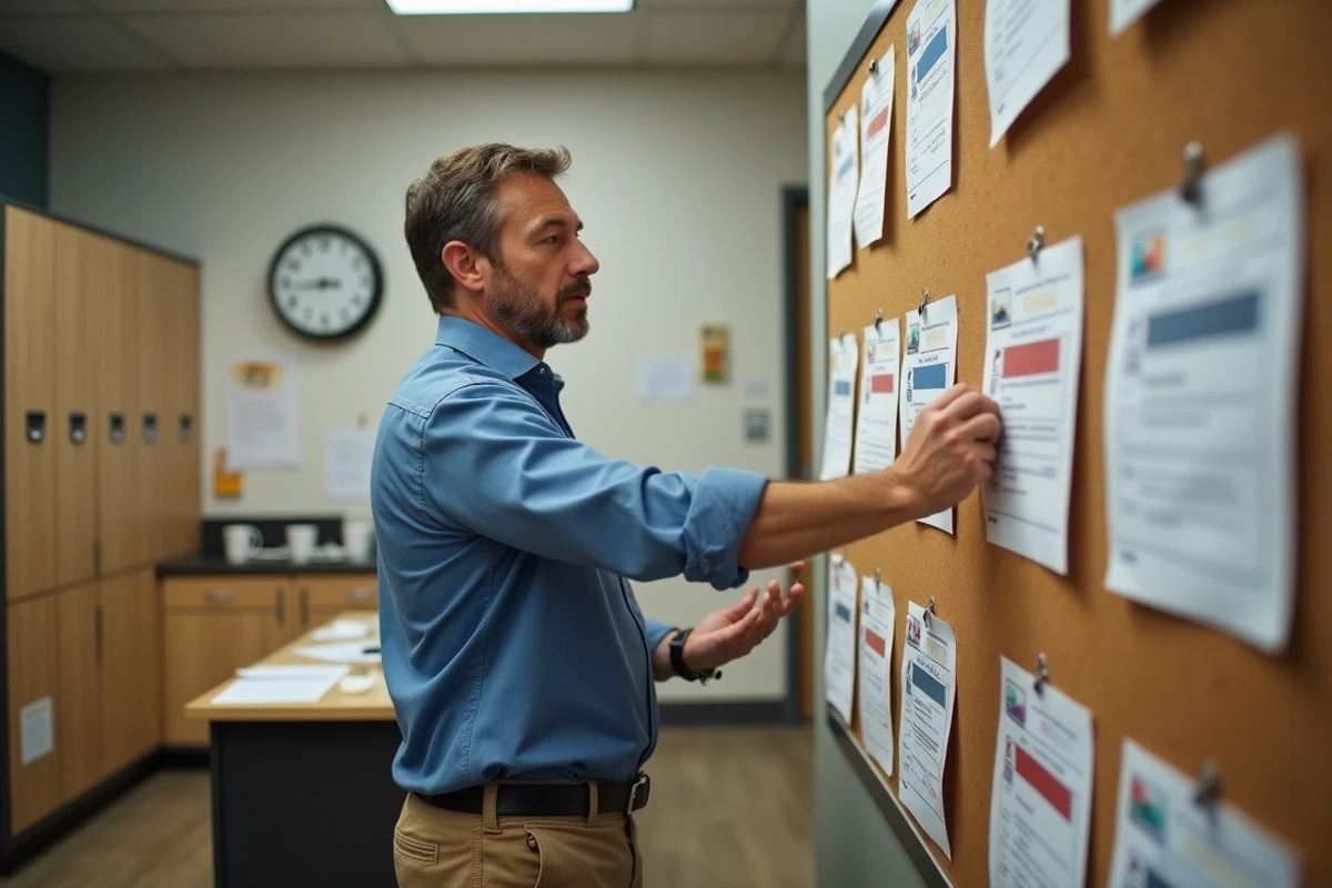 Homme français affichant un planning hebdomadaire au mur