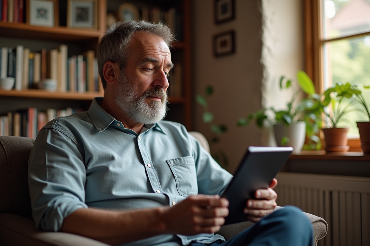 Homme réfléchi dans son bureau à la maison répondant aux commentaires