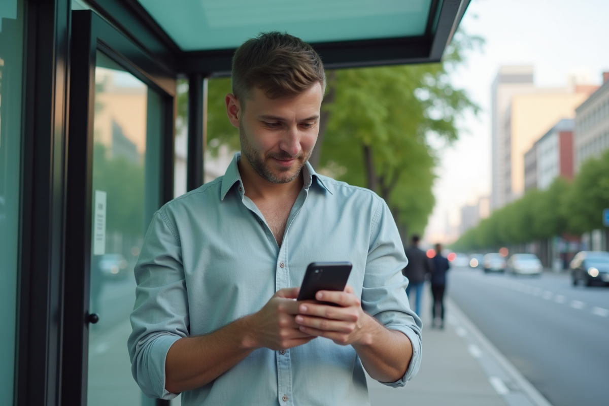 Homme au arrêt de bus envoyant un message