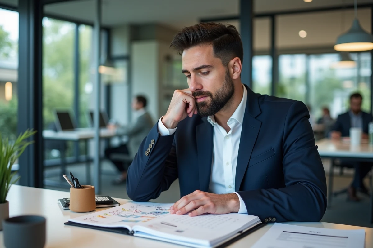 Homme en costume bleu examinant un calendrier au bureau