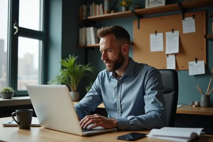 Homme d'&acirc;ge moyen travaillant sur son ordinateur dans un bureau &agrave; domicile