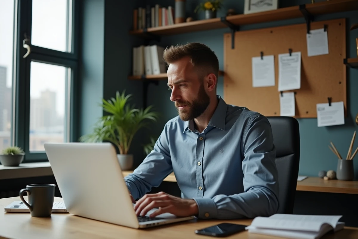 Homme d'âge moyen travaillant sur son ordinateur dans un bureau à domicile