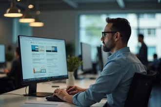 Homme en bureau moderne regardant son écran d'ordinateur