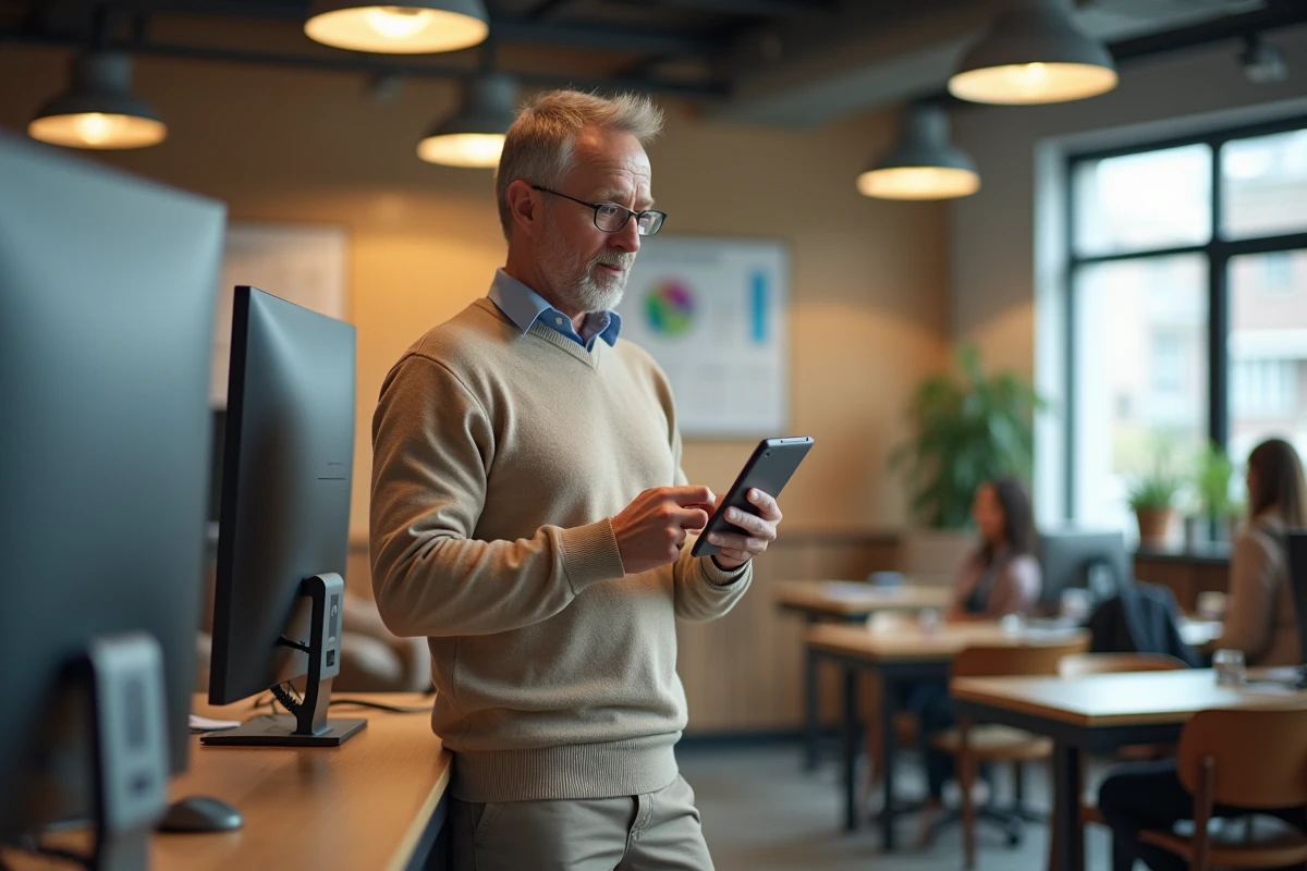 Homme utilisant une tablette dans la salle de pause