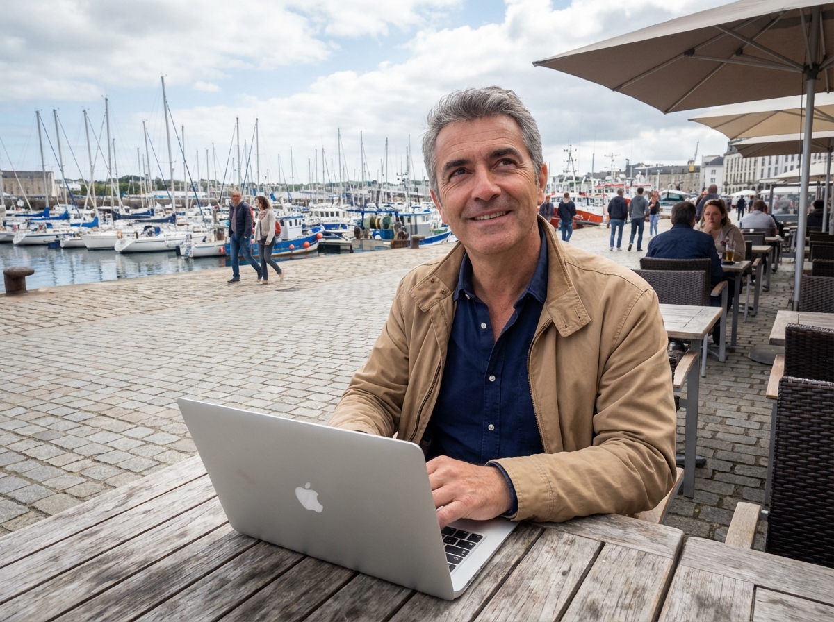 Homme au café au bord du port à Brest