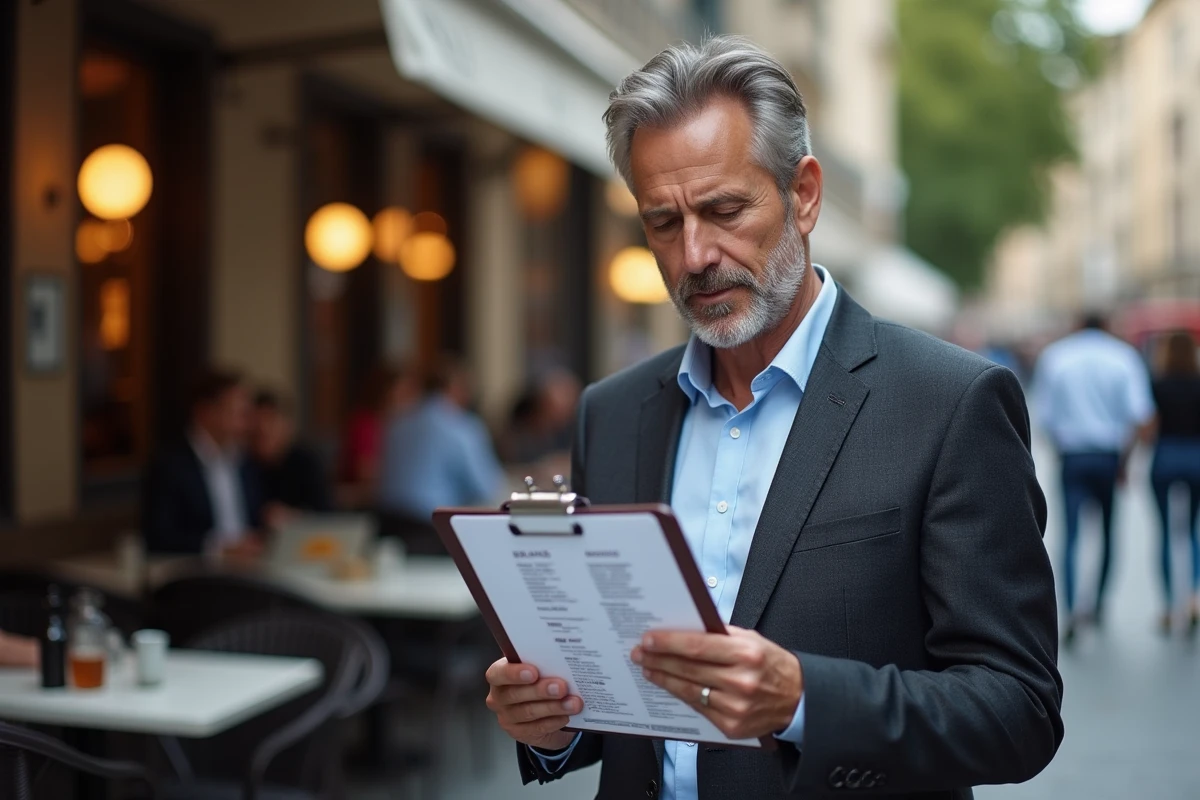 Homme lisant une liste de marques en extérieur