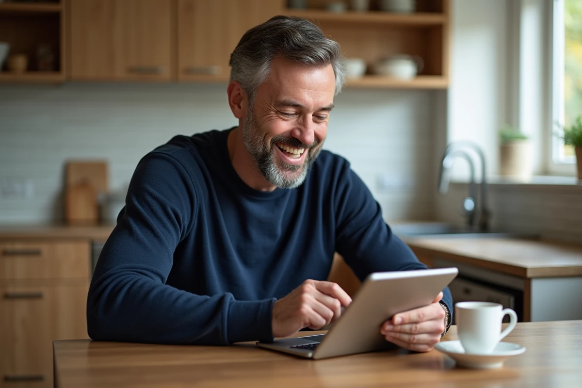 Homme décontracté vérifiant son coffre numérique à la maison