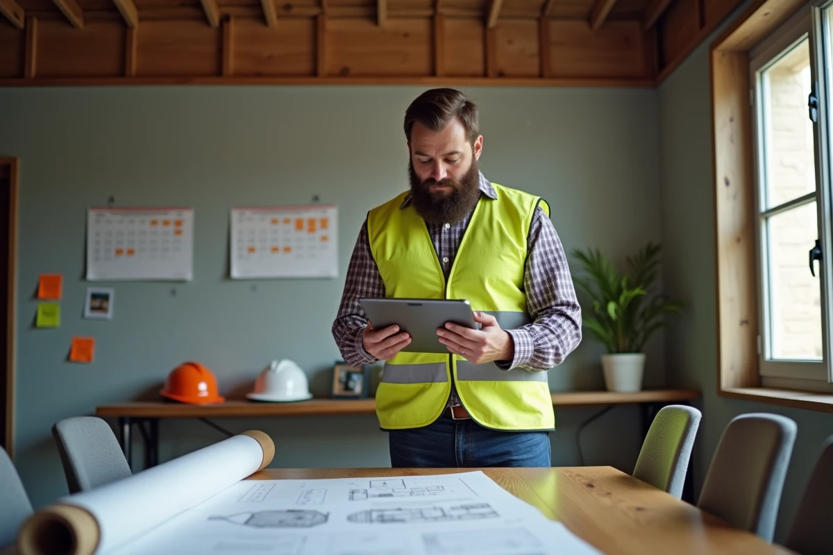 Homme avec gilet haute visibilité examinant un plan