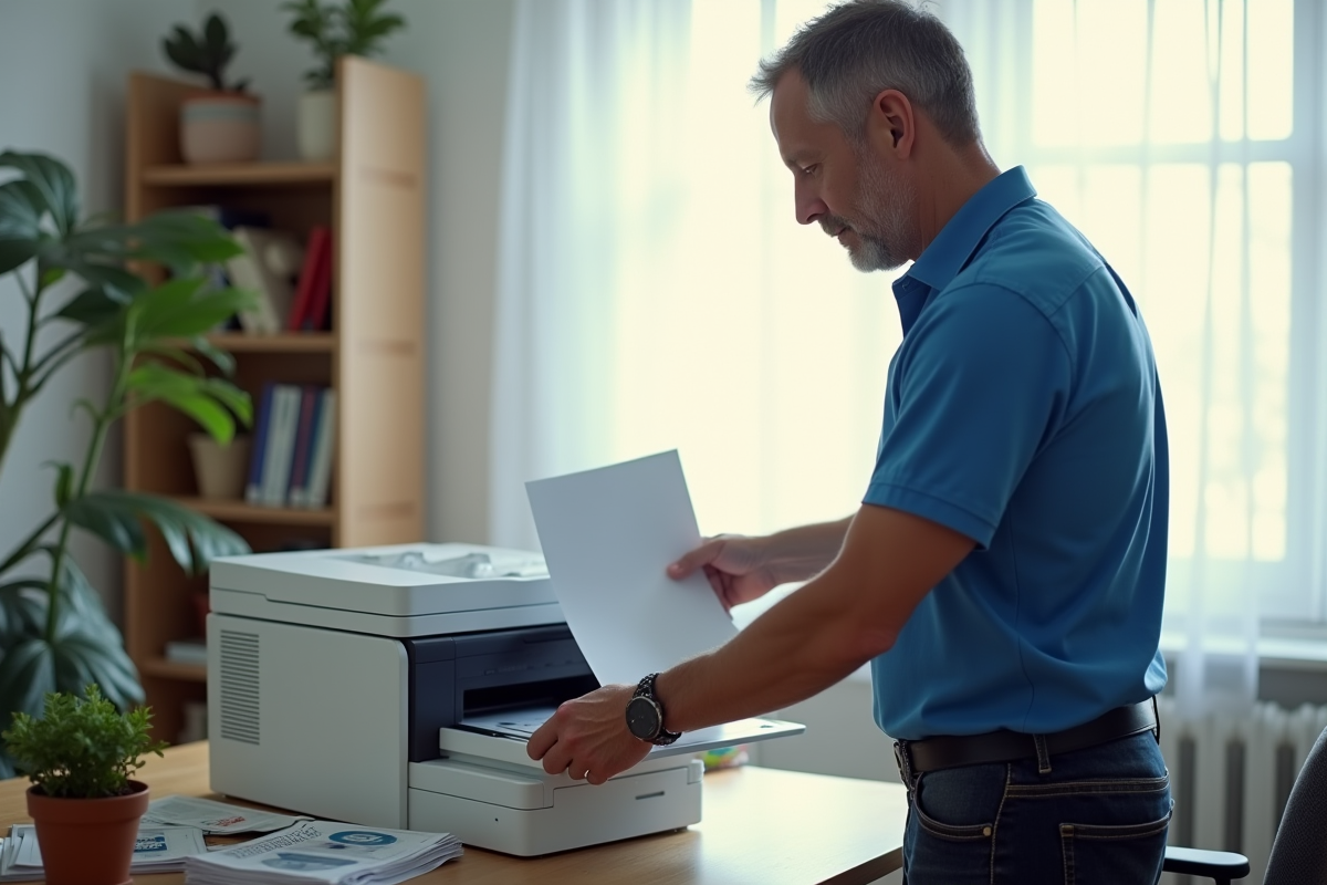 Homme chargeant du papier dans une imprimante laser près d