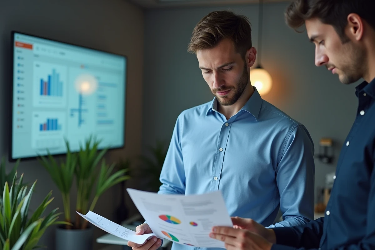 Jeune homme en réunion examinant des graphiques