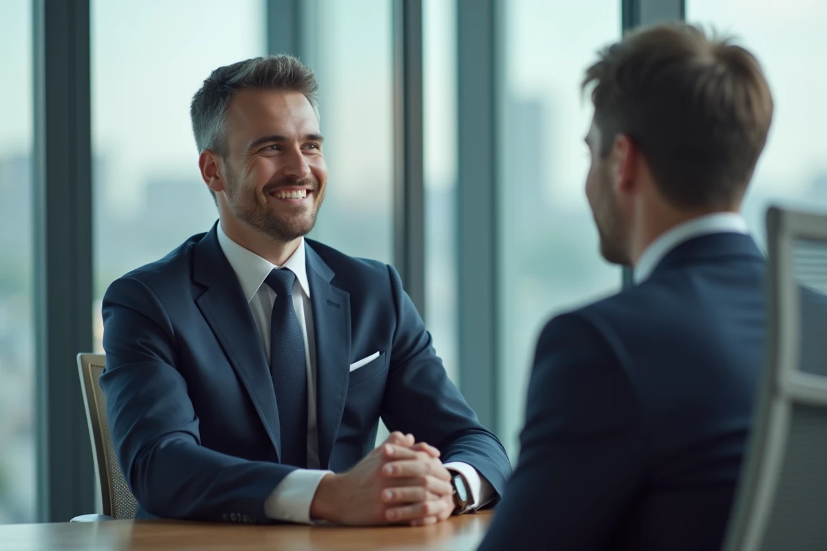 Homme confiant en costume navy lors d'une interview