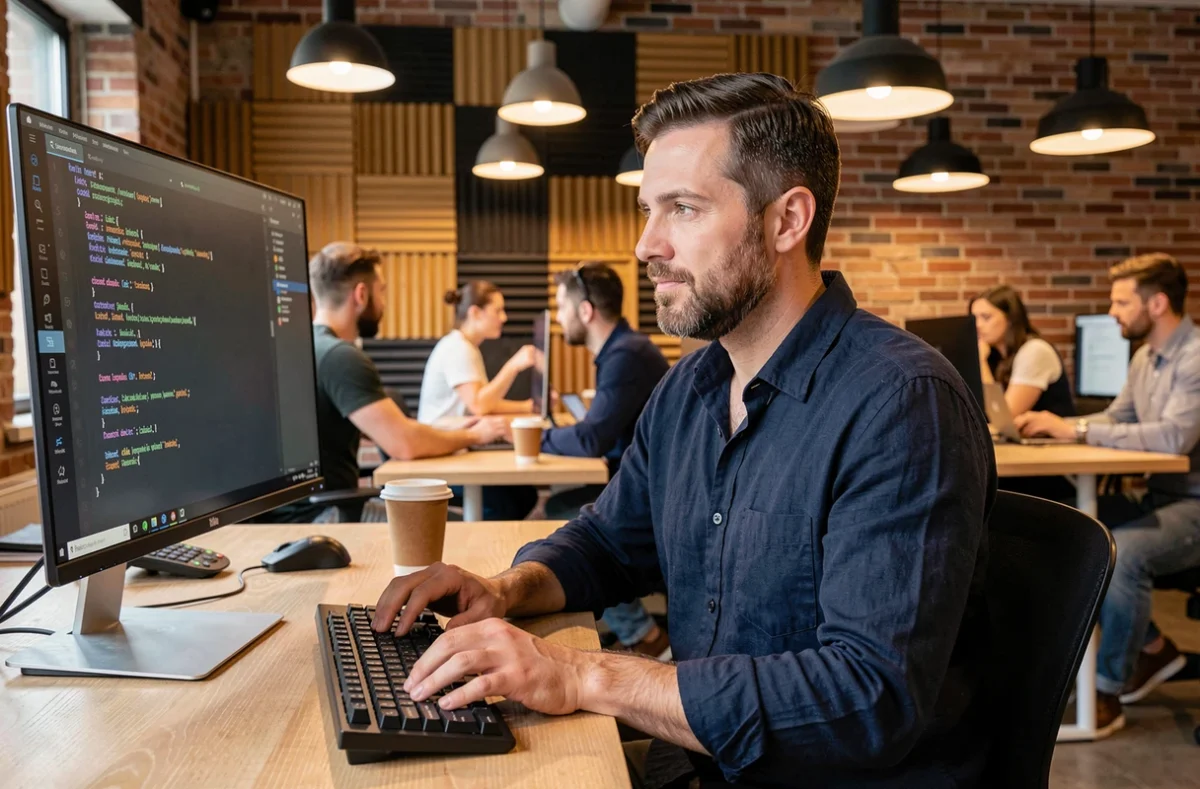 Homme en télétravail dans un espace de coworking avec ordinateur et code informatique