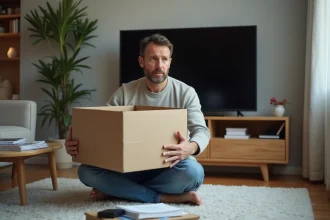 Homme moyenâgeux déballant une télévision dans un salon moderne
