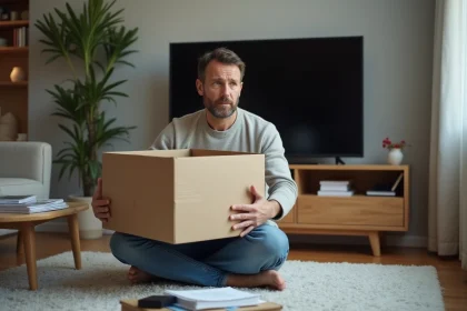 Homme moyenâgeux déballant une télévision dans un salon moderne