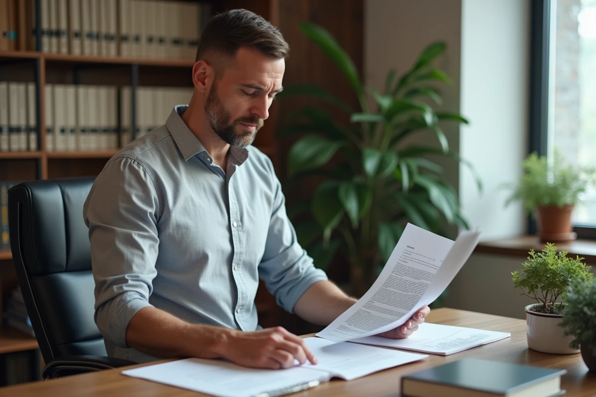 Homme en chemise grise comparant des documents juridiques sur CDD et prime de précarité dans un bureau de conseil RH