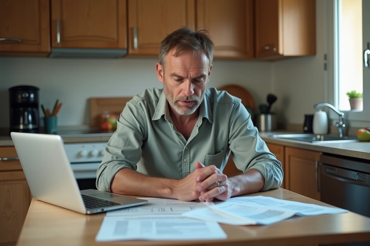 Homme consultant des documents contractuels et le site Pôle Emploi depuis chez lui après un licenciement, cherchant ses droits au chômage