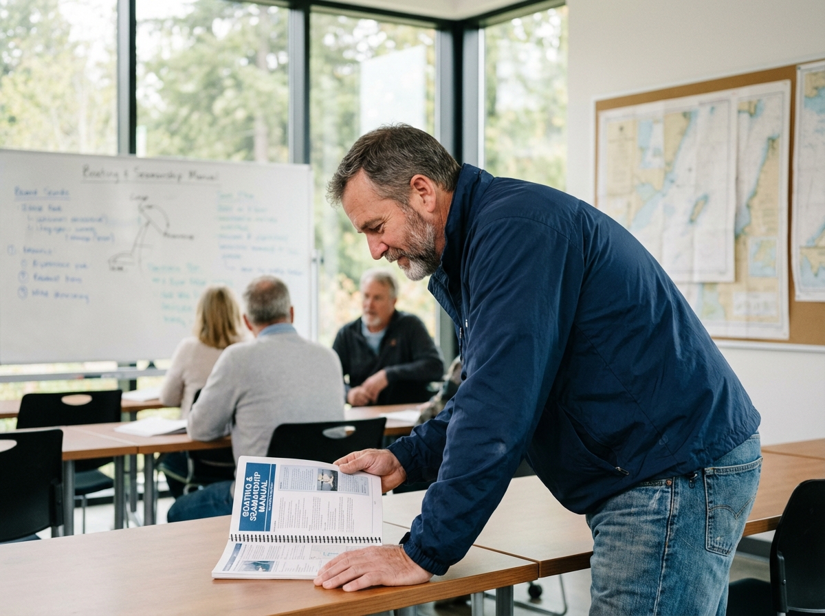 Homme d'âge moyen étudie un manuel de navigation dans une classe