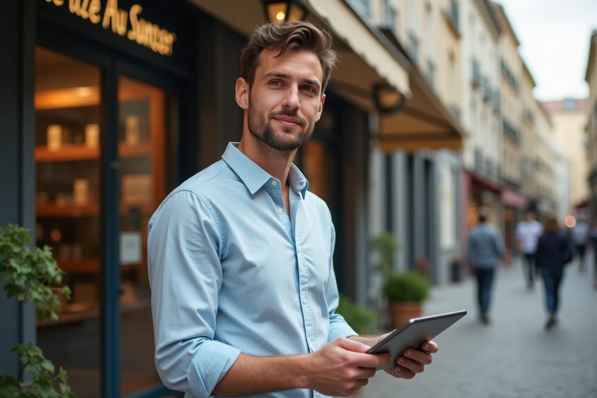 Homme d affaires discutant finance devant une boutique