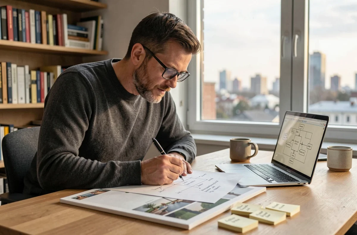 Homme entrepreneur en télétravail annotant un cadre stratégique Why What How sur son bureau à domicile