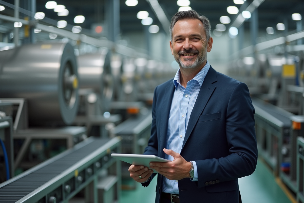 Homme en costume dans une usine avec machines industrielles