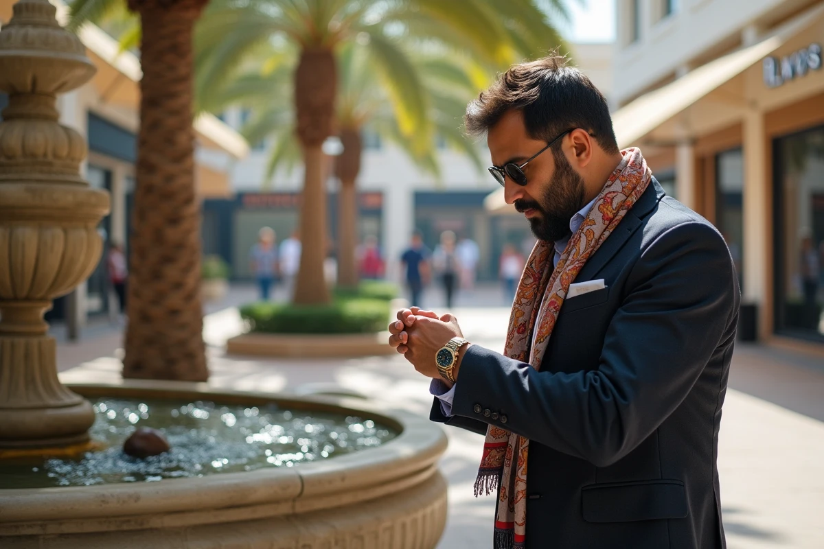 Homme d Middle Eastern examinant des montres dans une place chic
